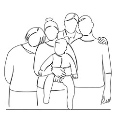 One continuous single drawing line art flat doodle grandparent, grandma, grandpa, baby, family, parent, mom, grandchildren. Isolated image hand draw contour on a white background
