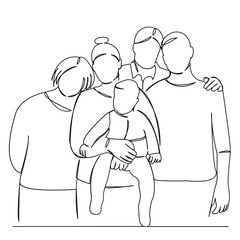One continuous single drawing line art flat doodle grandparent, grandma, grandpa, baby, family, parent, mom, grandchildren. Isolated image hand draw contour on a white background
