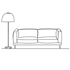 One continuous single drawing line art flat doodle continuous, furniture, sofa, comfortable, lamp, concept. Isolated image hand draw contour on a white background
