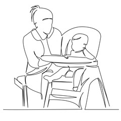 One continuous single drawing line art flat doodle happy, mom, one, illustration, mother, love, food, nursing. Isolated image hand draw contour on a white background
