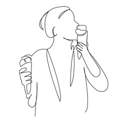 One continuous single drawing line art flat doodle ice, food, sweet, happy, cream, dessert, happiness, eating, ice-cream. Isolated image hand draw contour on a white background
