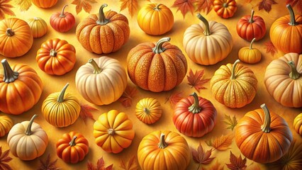 Autumnal Harvest A Colorful Collection of Pumpkins and Fall Leaves on a Golden Background