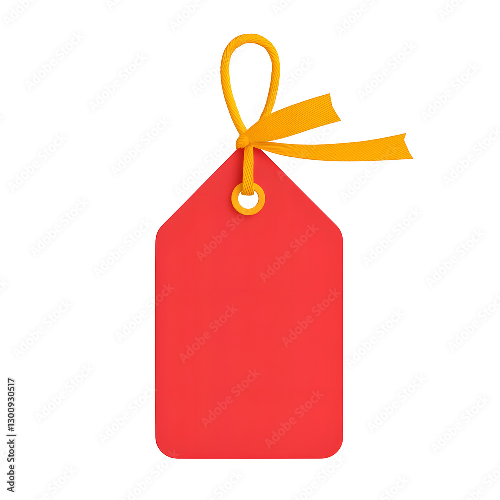 Poster playful 3d of a festive blank red gift tag with a golden ribbon tied in a bow featuring a soft refle