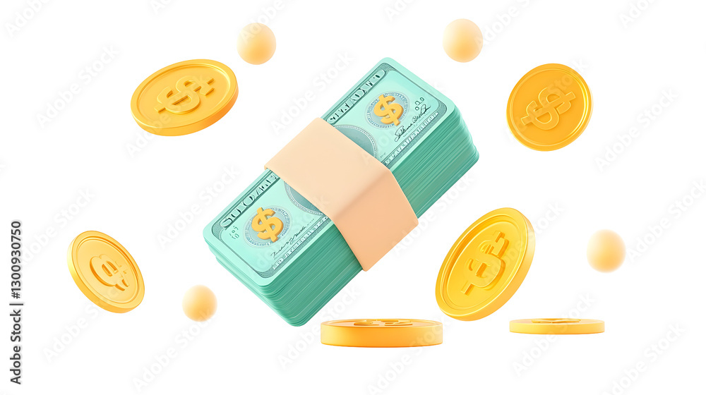 Aufkleber 3D of a Floating Stack of Green Banknotes Wrapped Tightly with a Beige Band Surrounded by Shiny Golden Coins Featuring Embossed Dollar Signs