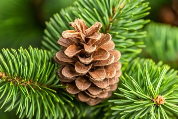 Detailed close-up of a cone amid verdant fir needles in natural light