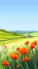 A colorful illustration of an orange poppy field with green grass and trees. In the distance, there is one house