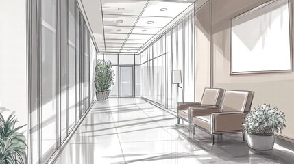 Modern Office Hallway with Natural Light and Elegant Furniture