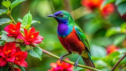 Fototapeta premium Vibrant Rainbow-Colored Bird Perched on Branch Amidst Lush Red Blossoms in a Garden Setting
