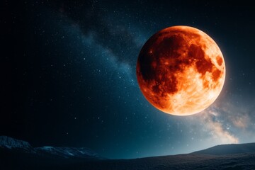 Obraz premium A close-up of a full lunar eclipse, with the moon glowing a deep red against a star-filled night sky
