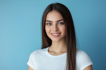 Fototapeta premium Portrait of a beautiful young woman with straight brown hair, wearing a white t-shirt, looking at the camera and smiling, isolated on a blue background.