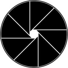 Graphic image shows an abstract circular shape divided into triangular sections, resembling a camera aperture in a black and white pattern.