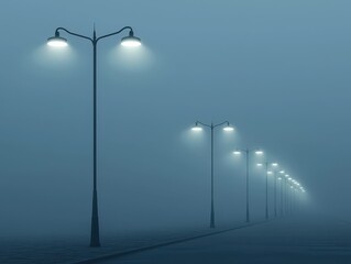 Streetlights Illuminate Foggy Road, Creating Atmospheric, Mysterious Scene, Artistic Digital Illustration