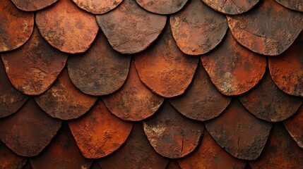 Rustic red-brown overlapping scale-like tiles texture background.