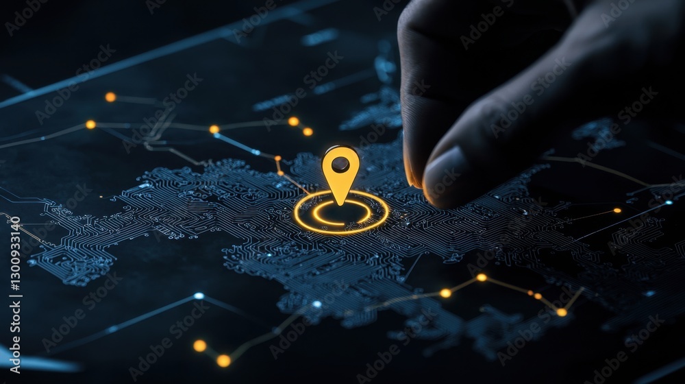 Poster hand selecting location pin on digital map interface with circuit pattern and bright glow indicators