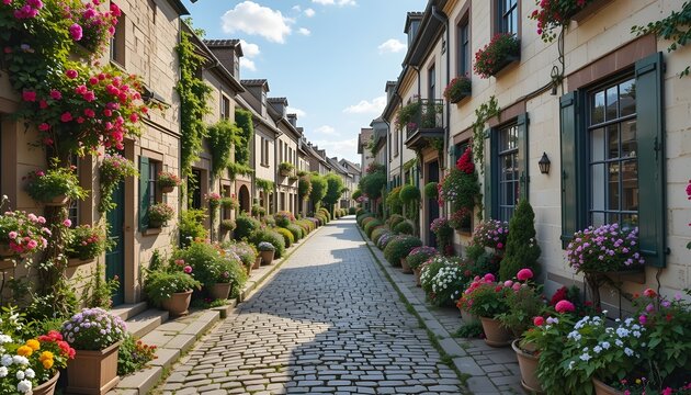 Charming cobblestone street lined with colorful flower-filled homes and greenery