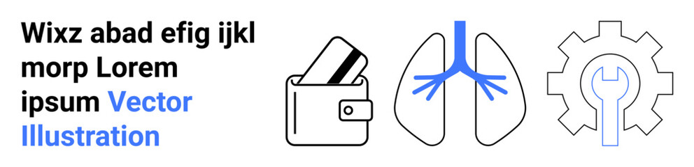 Wallet with a credit card, human lungs, and gear with wrench. Ideal for financial services, engineering solutions, healthcare industries, technology innovations, tool manufacturers, medical
