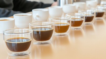 Coffee decaf smooth rich. A row of clear glasses filled with varying coffee brews, set against a neutral background, showcasing different hues of brown.