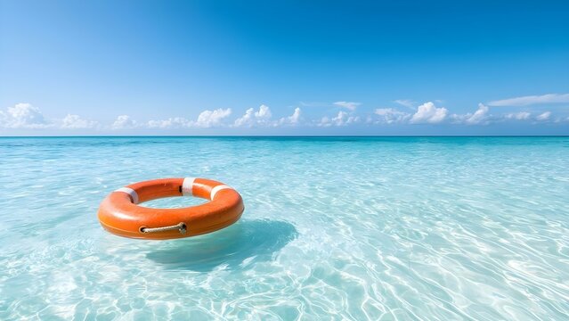 A bright orange lifebuoy floats in crystal-clear turquoise water under a blue sky with scattered clouds. Concept Bright Orange Lifebuoy, Crystal-Clear Turquoise Water, Blue Sky, Scattered Clouds - Powered by Adobe