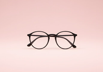 Minimalistic round black glasses with placed on pastel pink background, perfect for playful or creative themes with copy space
