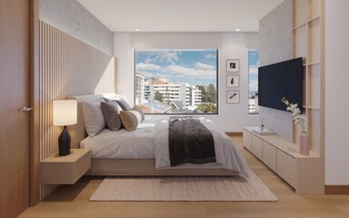 Dormitorio acogedor en madera con vista a la ciudad, 3d render