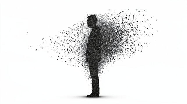 Dispersing Silhouette: A solitary silhouette of a person stands poised against an evolving backdrop, with particles breaking away from its form.
