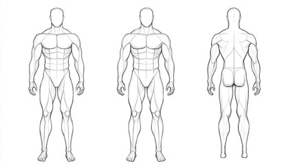 Anatomical Study: Detailed illustration showcasing a front and back view of the male human physique, outlining muscular structure.