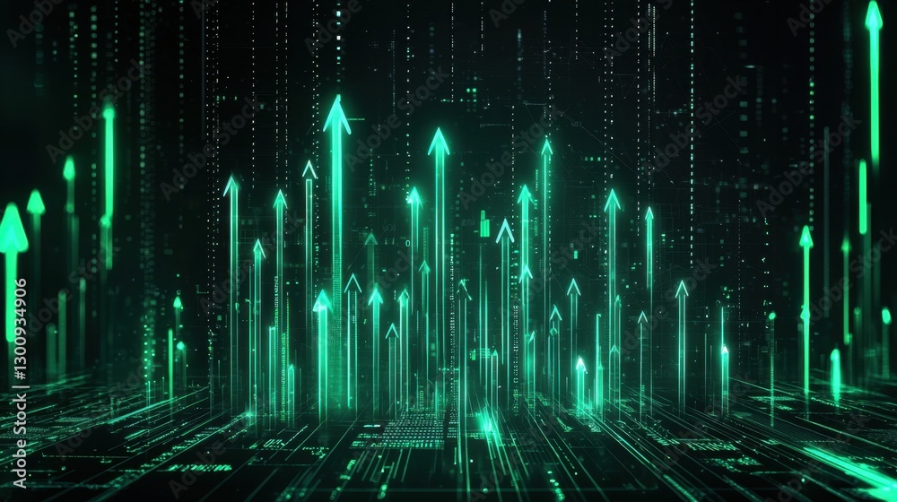 Poster futuristic green arrow digital background with matrix elements and data flow in a technology inspire