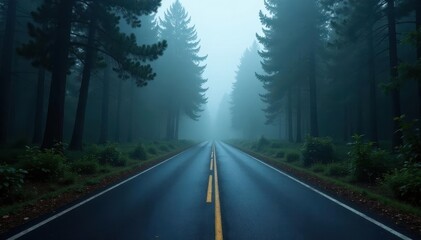Obraz premium Empty asphalt road disappears into dark foggy forest , twilight, empty
