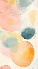 Watercolor abstract background with soft pastel colors, simple shapes, organic lines, and fluid forms