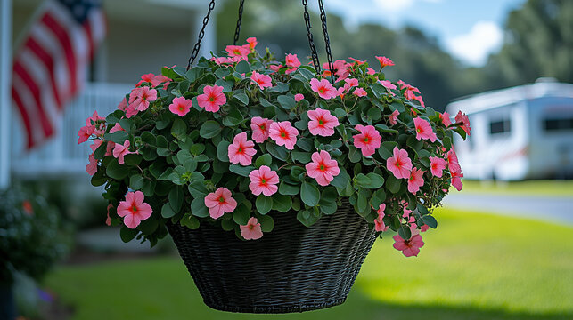 A vibrant hanging basket filled with pink flowers, set against a lush green background, creating a cheerful and inviting scene. ampel plant in an American house with a flag