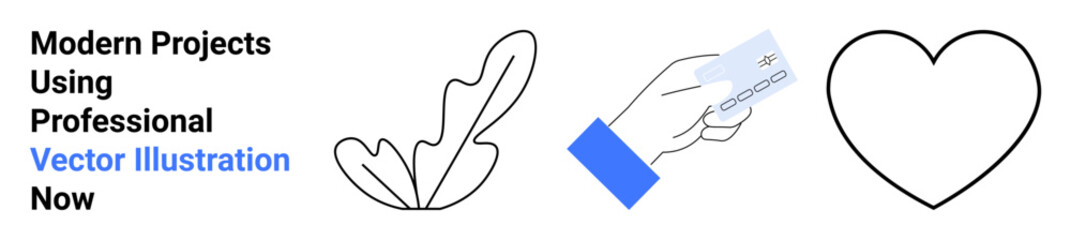 Leaf outline, hand holding credit card, heart outline. Ideal for nature, finance, love, eco-conscious branding, charity, transactions modern design concepts flat landing page banner