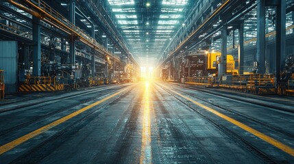 Industrial factory interior,  machinery,  perspective,  light rays.  Possible use  stock photography