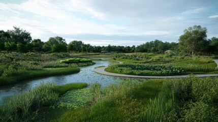 Fototapeta premium Serpentine waterway, lush greenery, tranquil park setting.