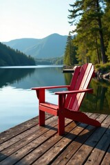 Single Adirondack chair on a wooden dock at Alice Lake during late afternoon light , autumn, serene