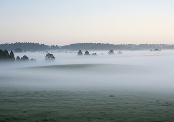 Fototapeta premium Fog envelops rolling meadow, fog erasing distant treetops, fog creating dreamlike calm in minimal scene, inviting reflection on nature's subtle hush and shifting shades