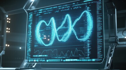Futuristic screen displaying a DNA helix animation with data graphs.