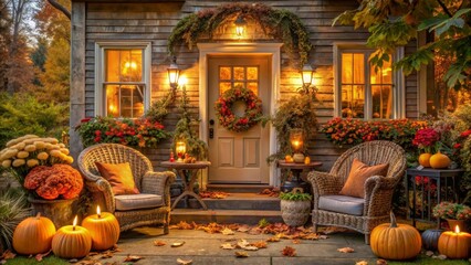 Obraz premium Autumnal Porch Decor Cozy wicker chairs, glowing pumpkins, and vibrant fall foliage create a warm and inviting atmosphere on this charming house's porch.