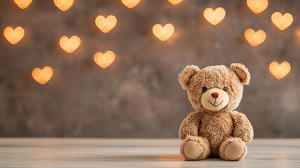 Obraz premium Cute teddy bear with heart-shaped lights in a soft and warm atmosphere for romantic or cozy themes