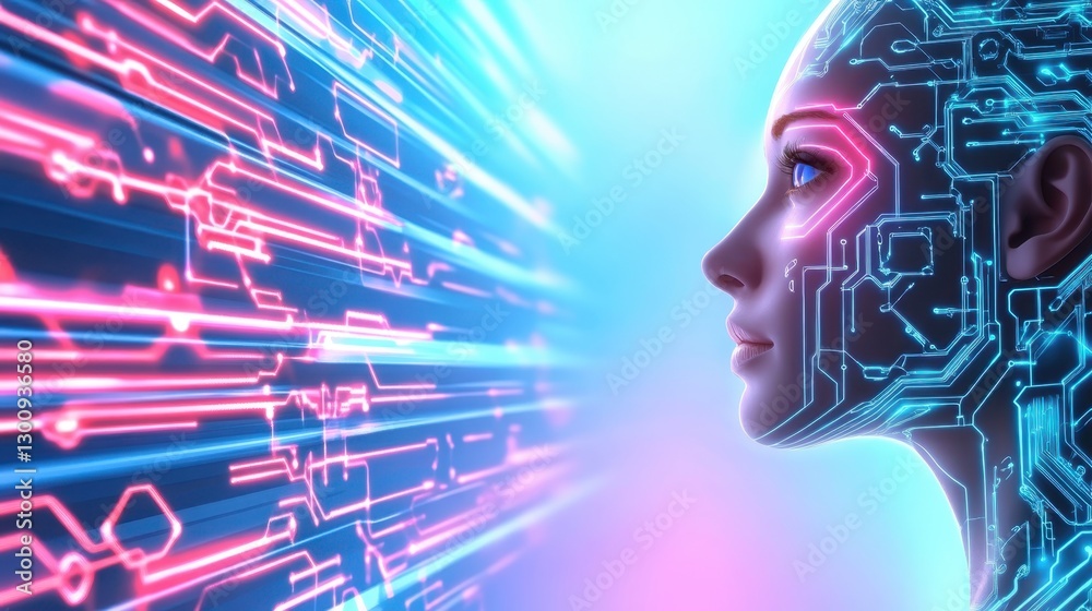 Poster woman sporting circuitry patterned skin analyzing data streams visualizing technological fusion betw