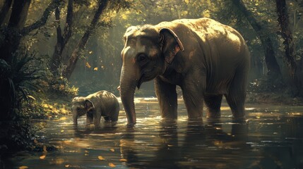 Obraz premium Elephants wade through a murky river surrounded by a verdant tropical jungle