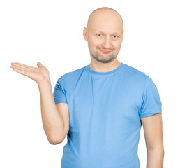 Naklejka premium Bald man showing and presenting something on white background
