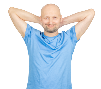 Bald man relaxing with hands behind head, smiling and feeling good