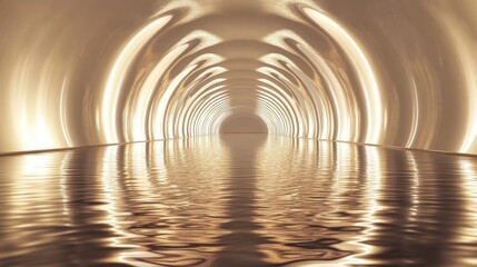 A luminous tunnel with a reflecting surface is seen ahead