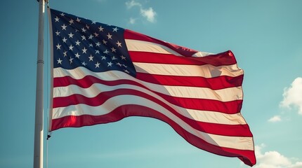 American Flag Waving Proudly Against a Blue Sky, USA Flag Flying in the Wind on a Sunny Day, Patriotic Symbol of Freedom and National Pride, United States Flag Fluttering with Strength and Honor
