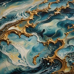 Swirling blue and white patterns with gold, decorative accents. Represents waves or fluid motion. Ideal for abstract, decorative, or luxury themes. Rich in texture and color.