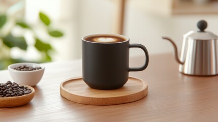 Fototapeta premium Coffee decaf smooth rich. A cozy coffee scene with a dark mug on a wooden coaster, accompanied by coffee beans and a sleek kettle, creating a warm, inviting atmosphere.