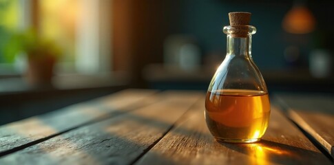 Glass ampoule filled with golden liquid on wooden table, liquid, glass