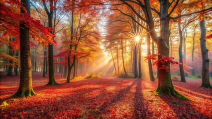 Autumnal Woodland Sunrise Radiant Sunbeams Illuminate a Carpet of Crimson and Gold Leaves in a Mystical Forest