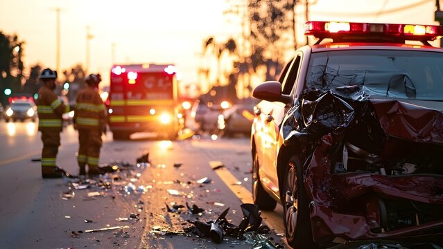 A car accident scene with emergency responders, damaged vehicles, and debris on the road during sunset. Concept Car Accident Scene, Emergency Responders, Damaged Vehicles, Road Debris