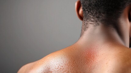 A close-up of a person's back covered in severe allergic hives, showing red, inflamed, and swollen skin
